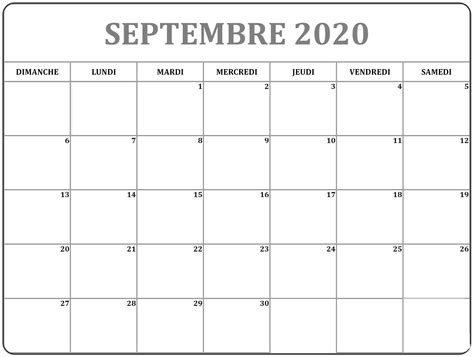 Calendrier Septembre 2020