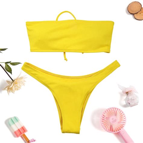 Ribbed High Cut Bandeau Bikini Sets Women Summer Two Pieces Swimsuits