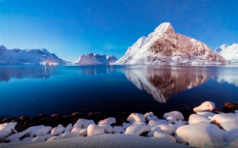 Winter Peaceful Lake Shore Stones Snow Mountains Blue Reflection In