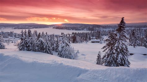 465684 Sunset Clouds Pink House Landscape Winter Norway