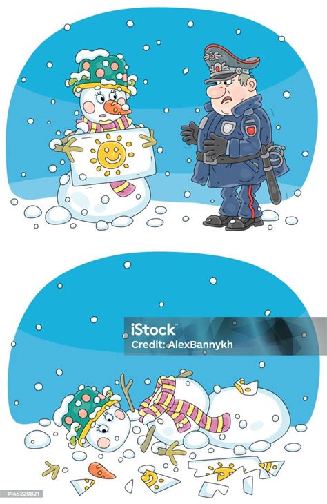Angry Cop Breaking A Timid Snowman Holding A Sun Poster Stock Illustration Download Image Now