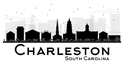 Charleston South Carolina City Skyline Black And White Silhouette Stock