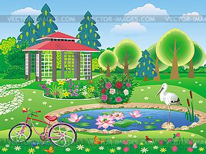 All rights to the published drawing images, silhouettes, cliparts, pictures and other materials on getdrawings.com belong to their respective owners (authors), and the website administration does not bear. Beautiful landscape garden with gazebo and pond - vector ...