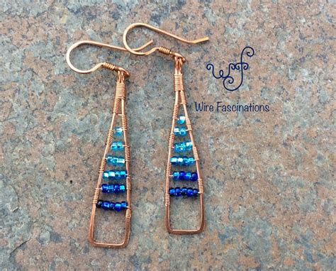 Handmade Copper Earrings Long Triangles With Wire Wrapped Blue Crystal
