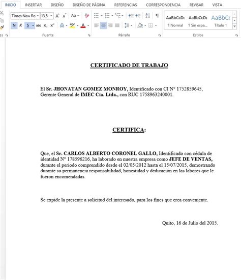 Ejemplo Certificado De Trabajo Noticias Ecuador