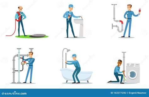 Set Of Plumbers At Work Vector Illustration Stock Vector