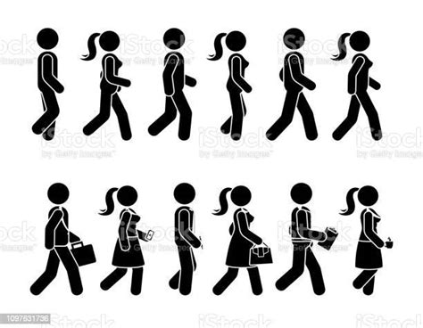 Stick Figure Walking Man And Woman Vector Icon Set Group Of People