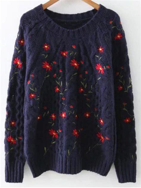 33 Off 2021 Floral Embroidered Sweater In Cadetblue Zaful