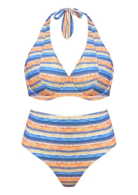 Multi Colored Striped Textured Halter Bikini Set Hsia