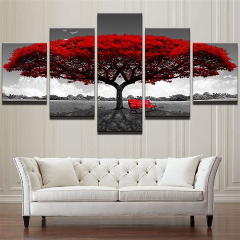 5 Piece Painting Wall Art Red Tree Red Chair Landscape