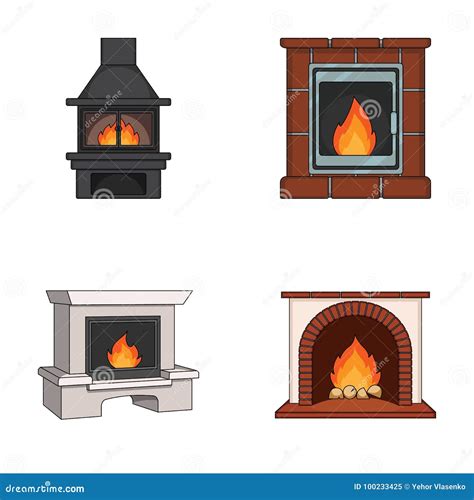 Fire Warmth And Comfort Fireplace Set Collection Icons In Cartoon
