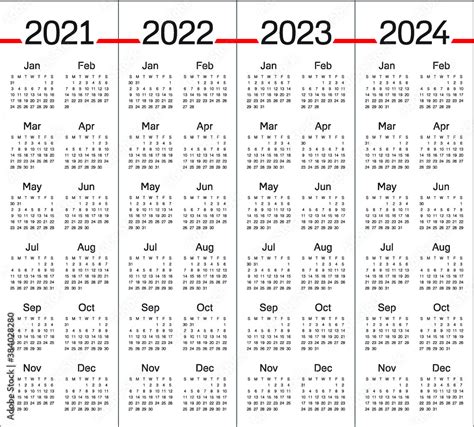 Year 2021 2022 2023 2024 Calendar Vector Design Template Simple And