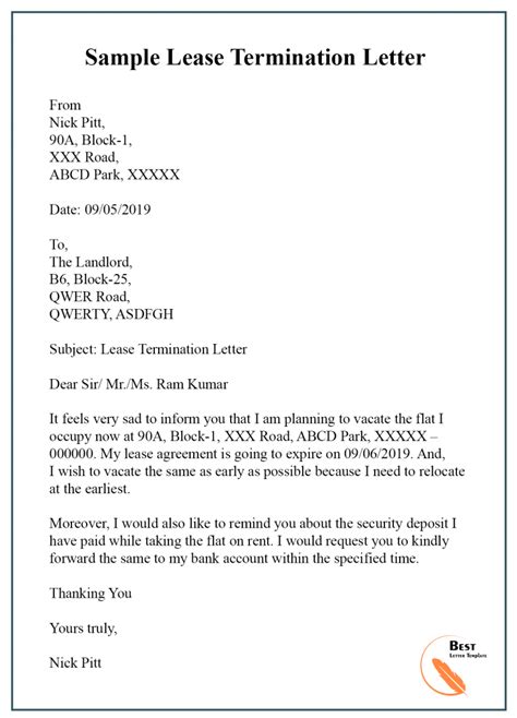 Lease Termination Letter Template Format Sample Example