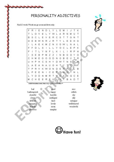 Personality Adjectives Word Search