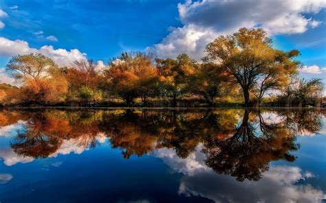 Nature Landscape Water Turquoise Fall Trees Lake Shrubs Reflection