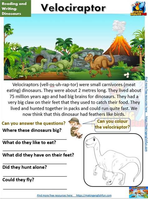 12 dinosaur reading comprehension worksheets and cards etsy