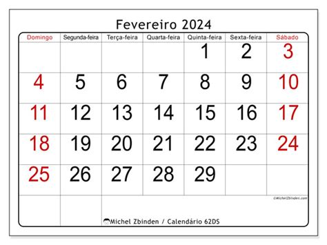 Calendário De Fevereiro De 2024 Para Imprimir “62ds” Michel Zbinden Pt