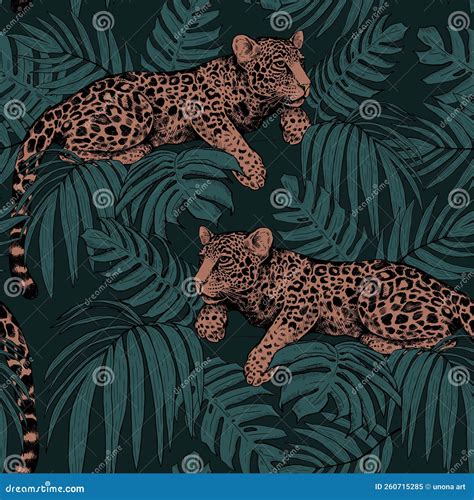 Leopard In The Jungle Seamless Pattern Of Tropical Leaves And Leopards