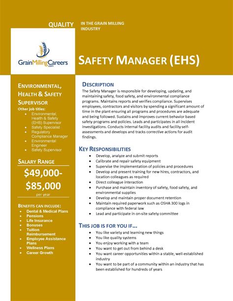 Hiring assistant manager job description post this assistant manager job description job ad to 18+ free job boards with one submission. Safety Manager (EHS) - Grain Milling Careers