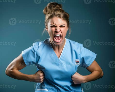 A Female Nurse In Scrubs Is Making An Angry Face Generative Ai 28374410