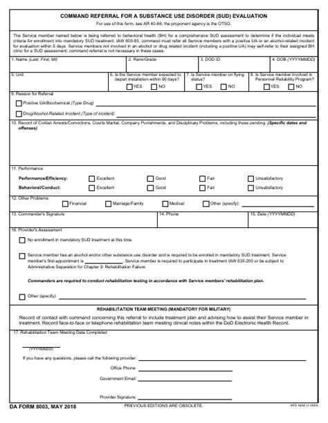 Da Form 8003 Download Fillable Pdf Command Referral For A Substance