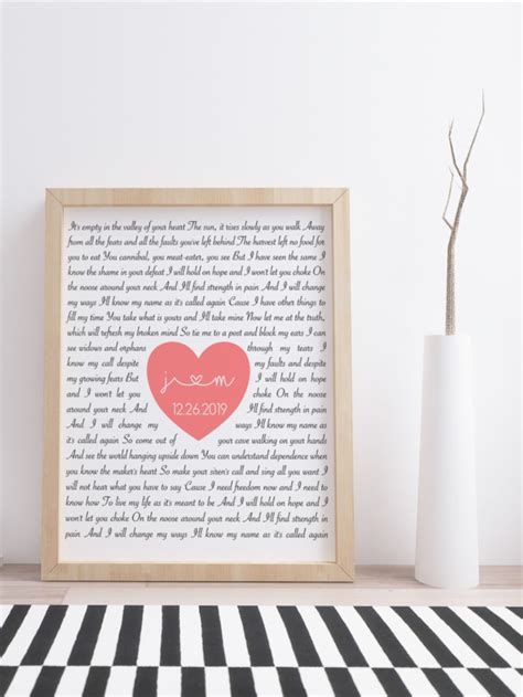 Custom Song Lyrics Printable Wall Art Personalized Heart Shaped Lyrics Wedding Song Print
