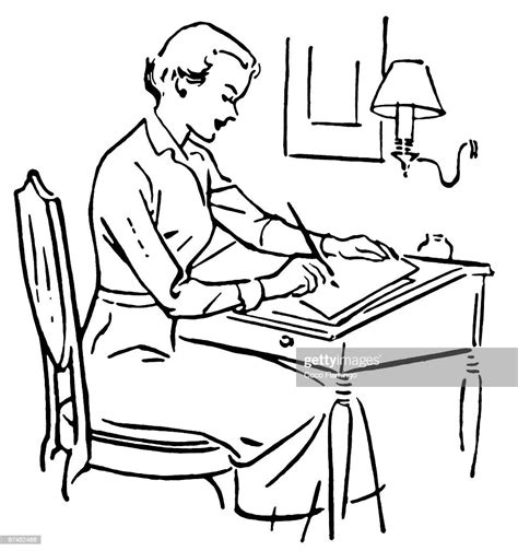 A Black And White Version Of A Line Drawing Of A Woman At A Writing