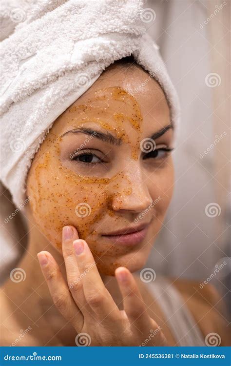 Closeup Portrait Laughing Woman With Towel On Hairs Posing Peeling Scrub Mask On Face At
