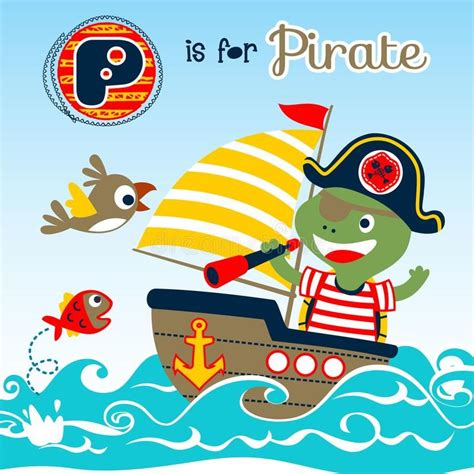 Happy Pirate Cartoon On Sailboat Stock Vector Illustration Of