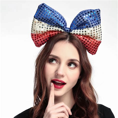 Big Bow Tie Reverse Glitter Sequins Ear Hairband Headband Independence