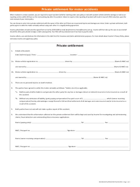 Private Settlement For Car Accident Pdf Form Fill Out And