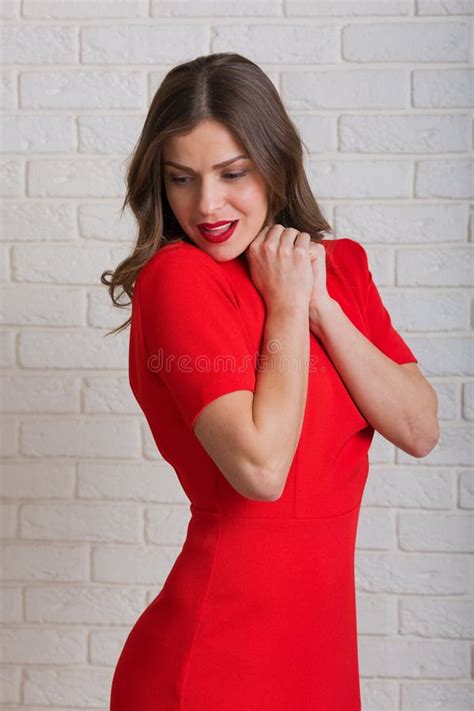 Belle Femme Dans La Robe Rouge Image Stock Image Du Brun Sourire