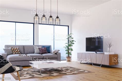 Modern Bright And Airy Scandinavian Design Living Room Stock Photo