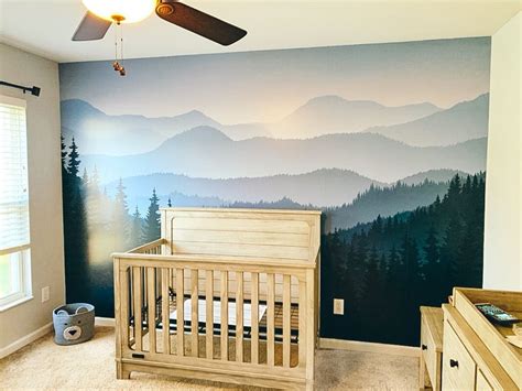 Ombre Blue Mountain Pine Forest Trees Removable Muralwallpaper In 2020 Mountain Mural