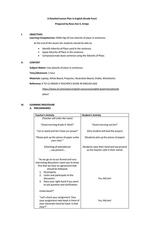 Detailed Lesson PLAN FOR Elementary A Detailed Lesson Plan In English