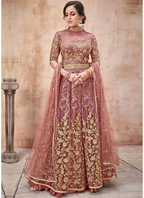 Net Embroidered Abaya Style Kameez In Dusty Pink With Images