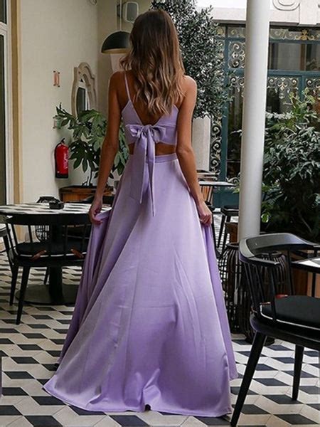 A Line V Neck Two Pieces Lilac Long Prom Dresses With High Slit Laven