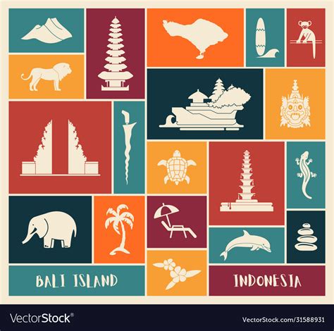 Bali Indonesia Icons Set Attractions Flat Vector Image
