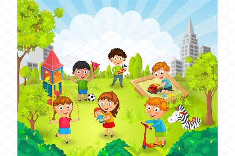 Children Playing In The Park Vector Illustrator Graphics Creative