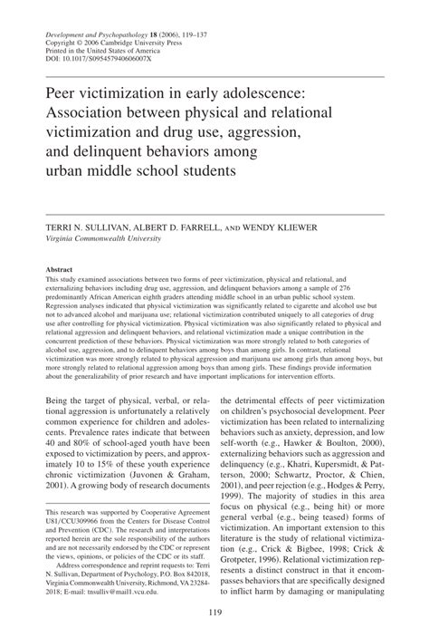 Pdf Peer Victimization In Early Adolescence Association Between Physical And Relational