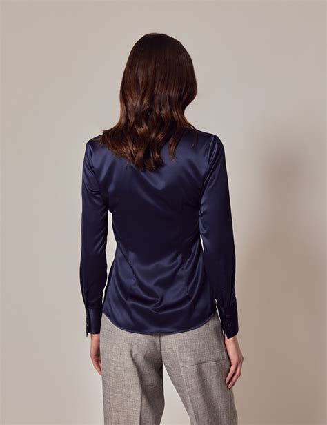 Womens Navy Fitted Satin Shirt Hawes And Curtis