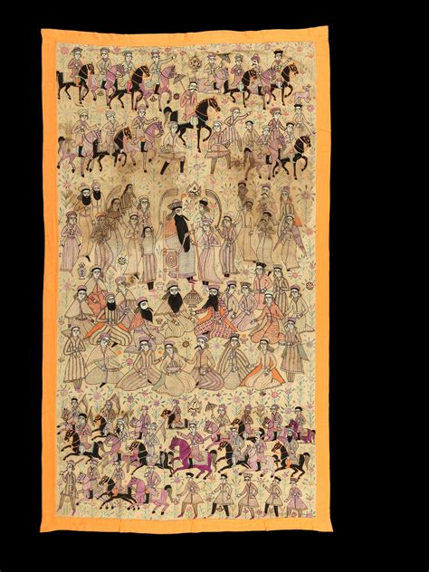 bonhams a qajar silk embroidered linen panel depicting kings from firdausi s shahnama persia