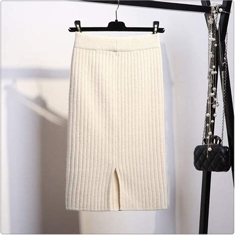 derfx versatile women back slit bodycon elegant midi pencil skirt autumn winter casual knitted