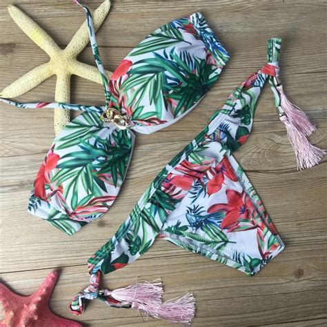 Push Up Bikinis Set Femme Beach Floral Printed Swimwear Women Straples