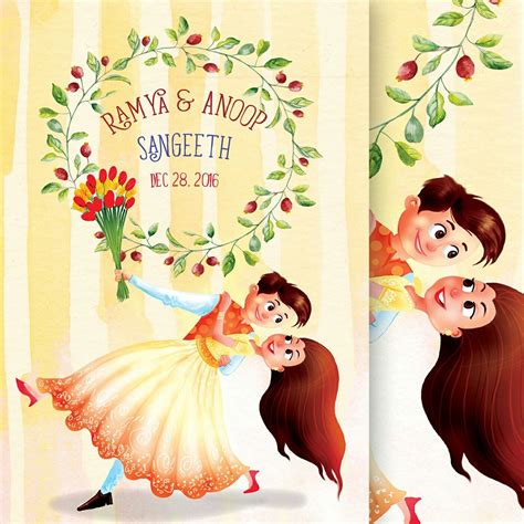 These wedding invitations allow you to offer your humble request for your guests. Illustrated Indian Wedding Sangeet Reception Invitation | Caricature wedding invitations ...