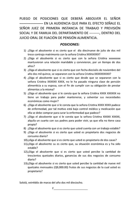 Pliego De Posiciones Juicio Oral Pensión Pliego De Posiciones Que