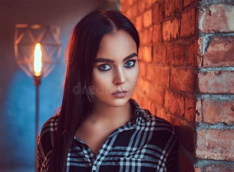 portrait of an attractive brunette dressed in flannel shirt stock image image of background