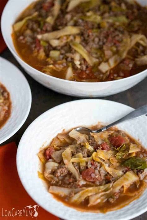 This cabbage soup recipe is made with hamburger, which makes it a hearty meal. Unstuffed Cabbage Soup Recipe - Easy Low Carb Meal | Low Carb Yum