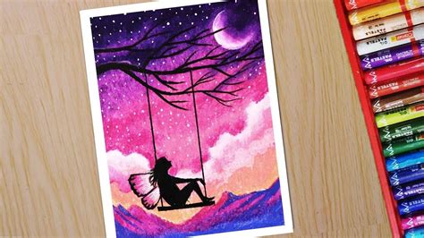 Oil Pastel Drawing For Beginners Scenery Drawing Of Fairy On Swing