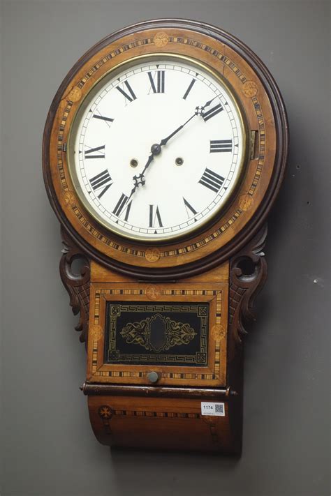 19th Century Inlaid Walnut Drop Dial Superior 8 Day Wall Clock H71cm